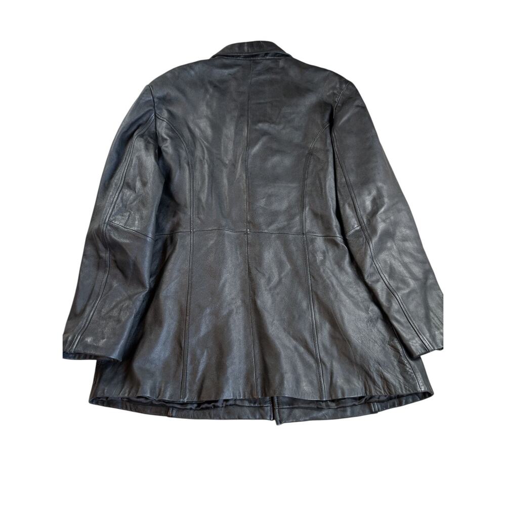 Modern Essentials Womens Black Long Button Front 100% Leather Jacket Large - Picture 2 of 9